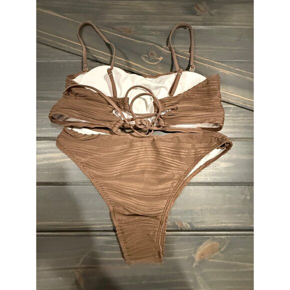 Zaful Brown Textured Bandeau Bikini Set With Adjustable Straps & High-Waisted - Picture 2 of 4
